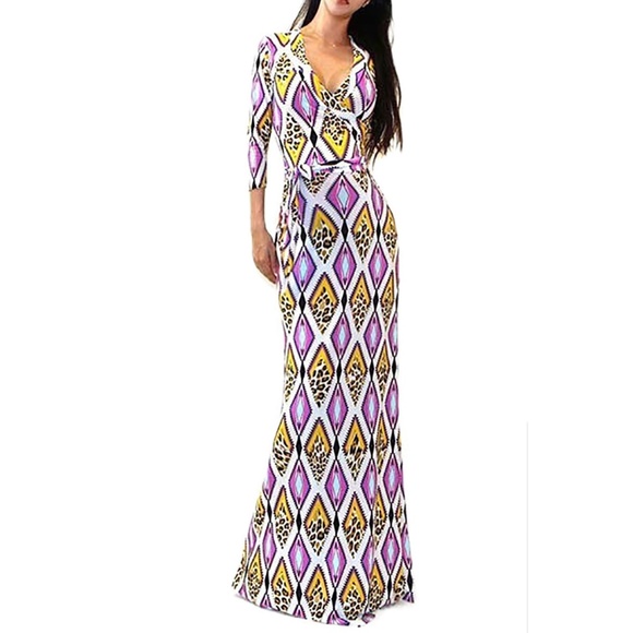 Purple Gold Diamond Faux Wrap V Neck Maxi Dress - Picture 2 of 2